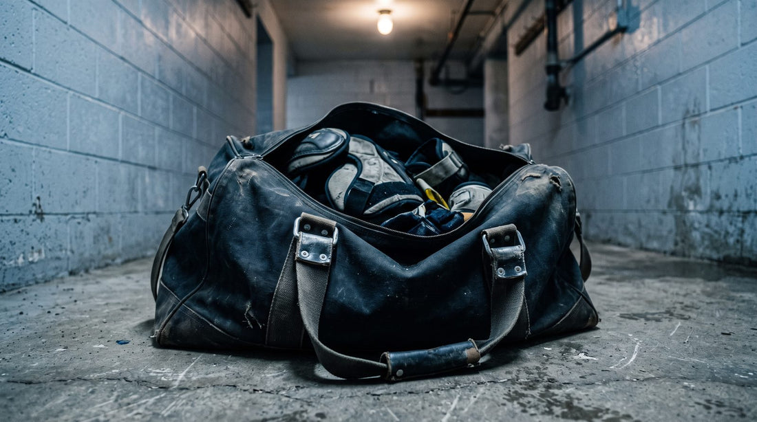 A worn hockey equipment bag sitting open on a concrete locker room floor under a single overhead bulb