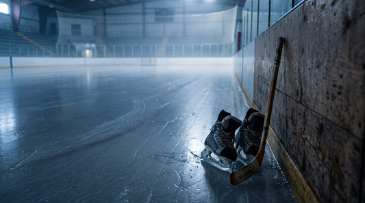 Small youth hockey skates and a short stick leaning against the boards of an empty ice rink at dawn