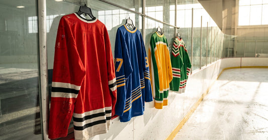 Red, blue, gold and green custom hockey jersey samples in different styles hanging along the rink glass