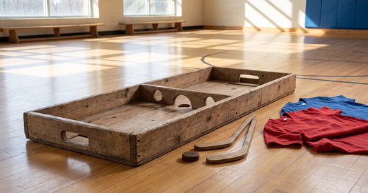 Handmade wooden box hockey game board with two short sticks and a puck on a gym floor beside red and blue jerseys