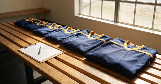 Navy and gold jerseys laid out by size on a bench with a clipboard to collect jersey sizes, names and numbers