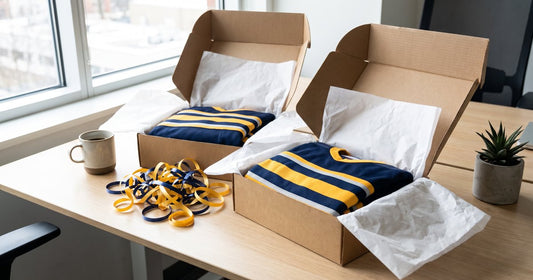 Gift boxes with tissue paper holding navy and gold custom hockey jerseys on an office desk, a corporate gift idea