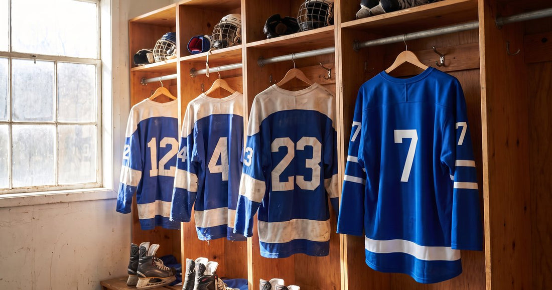 Worn blue and white jerseys in locker stalls next to a crisp new royal blue #7 from a custom hockey jersey reorder