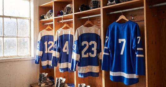 Worn blue and white jerseys in locker stalls next to a crisp new royal blue #7 from a custom hockey jersey reorder
