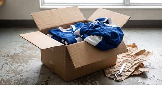 Open shipping box of new blue and white custom hockey jerseys with packing paper and scissors, fast turnaround time