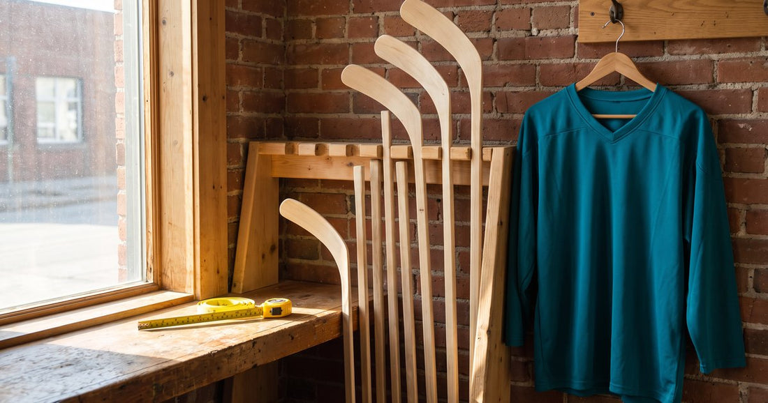 Plain hockey sticks of different lengths in a wooden rack with a tape measure and a teal jersey, for stick length