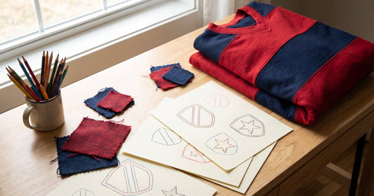 Hockey team logo sketches with crest and star shapes, colored pencils, fabric swatches and a red and navy jersey