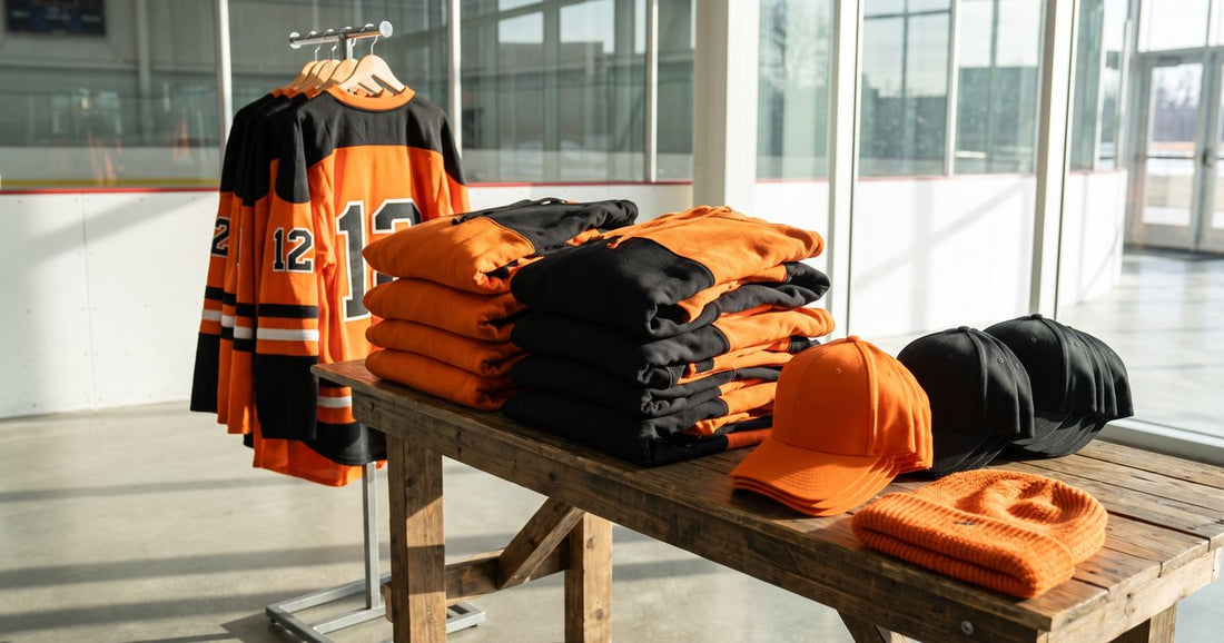 Orange and black hockey team store merch: jerseys on a rack, folded hoodies, caps and a beanie on a wooden table