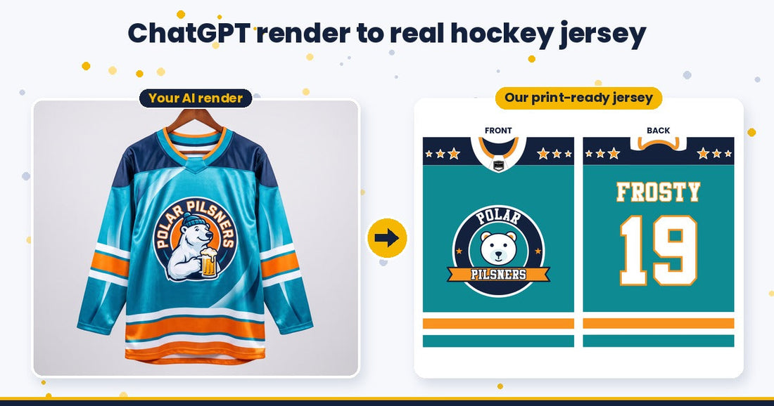 ChatGPT render of a teal Polar Pilsners hockey jersey next to the print-ready front and back jersey design