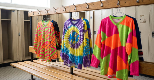 Loud tie dye, polka dot and neon patterned hockey jerseys hanging in a locker room, a nod to the ugliest jerseys