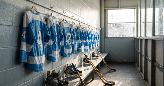 Row of sky blue and white youth hockey team jerseys on locker room hooks with small skates and sticks below