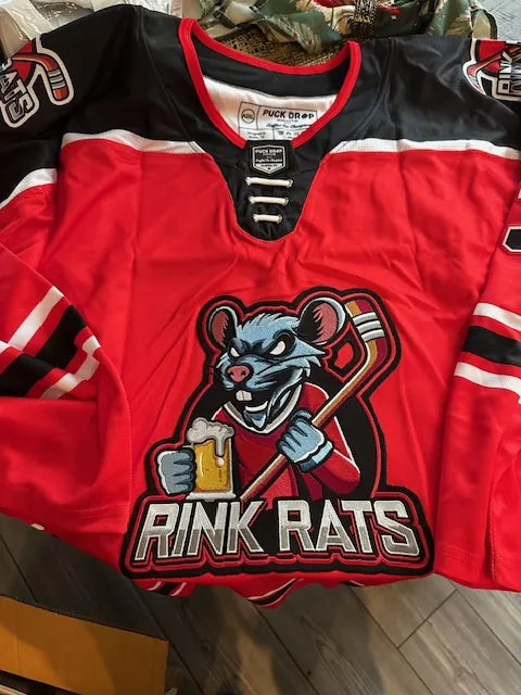 Rink Rats red custom jersey with the rat mascot crest